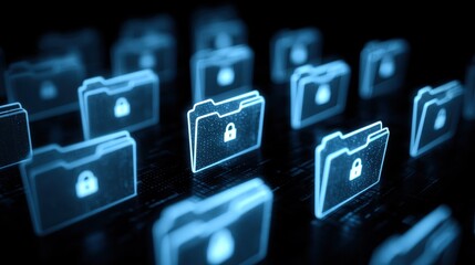Digital Safety: Digitized folders adorned with glowing locks, highlighting the digital security of sensitive data, and representing the concept of privacy.