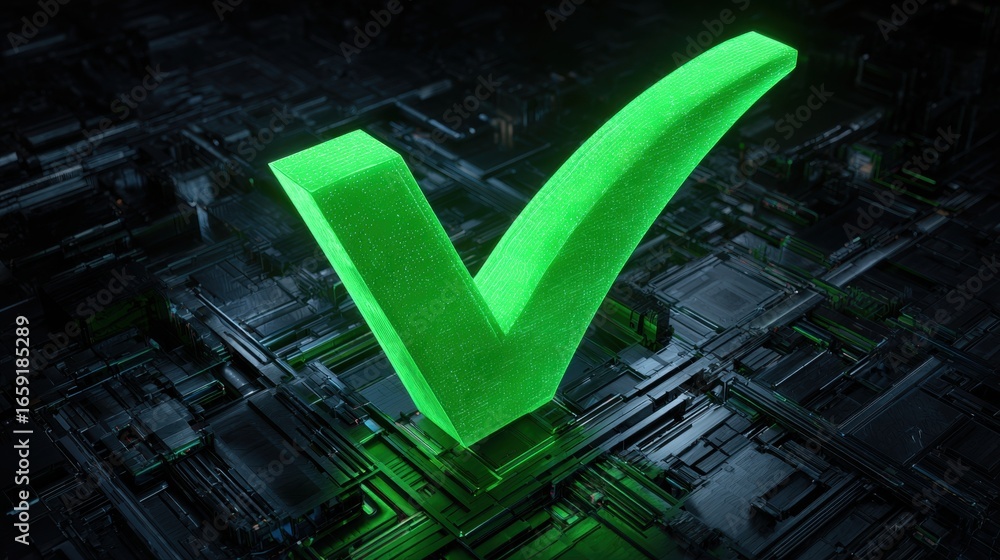 Poster digital affirmation: a luminous green checkmark floats above a complex circuit board, representing v
