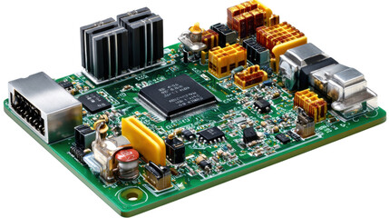 Tech Circuit Board: A close-up, eye-level view of a detailed circuit board showcases a complex network of electrical components, symbolizing the core of modern technological innovation. 