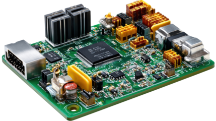 Tech Circuit Board: A close-up, eye-level view of a detailed circuit board showcases a complex network of electrical components, symbolizing the core of modern technological innovation. 