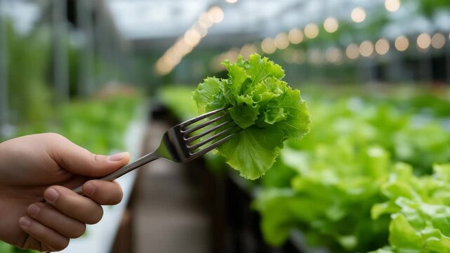 A person holding a fork with a piece of lettuce on it. Closeup fork holding lettuce leaf with blurred hydroponic farm background, vertical farming restaurant, fresh natural muted light