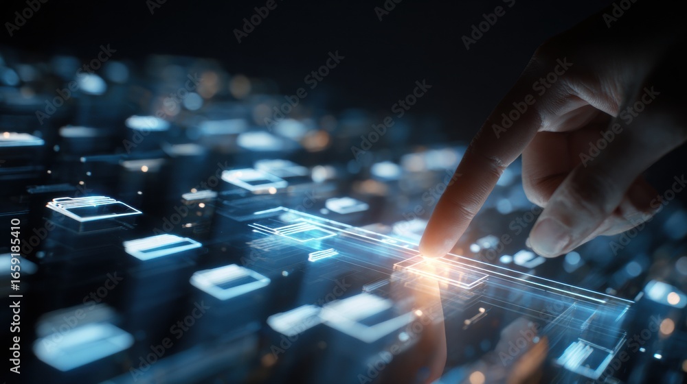 Poster digital frontier: a close-up view showcases a fingertip interacting with a holographic digital inter