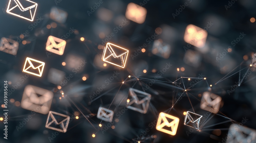 Poster digital mail flow: a vibrant network of interconnected email symbols, gracefully navigating the digi