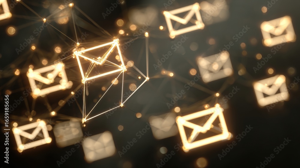 Poster digital communication network: a mesmerizing display of interconnected email symbols, illuminating t