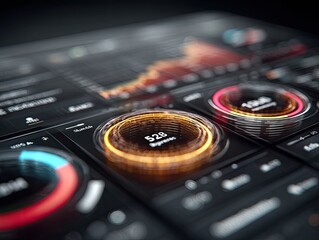 Futuristic digital dashboard with data graphs, showing metrics