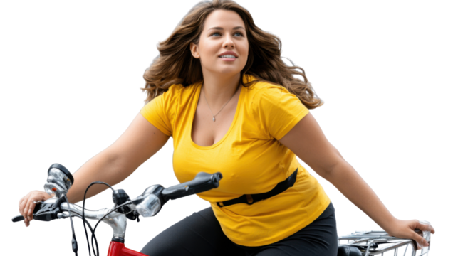 Bicycle Ride: A woman with flowing hair smiles radiantly as she navigates her bicycle. A feeling of freedom, movement, and joy.