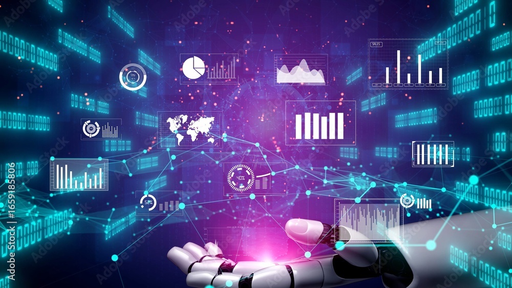 Poster a futuristic robotic hand extending towards vibrant data visualizations and analytics charts, symbol