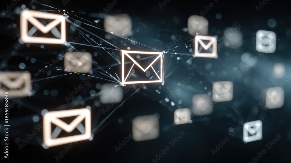 Poster digital messaging: a network of illuminated email icons interweaves on a dark digital canvas, symbol