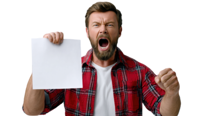 A Man's Screaming Protest: A man, in a red and black plaid shirt, raises a blank sheet of paper while screaming with angry expression, conveying frustration or disagreement.