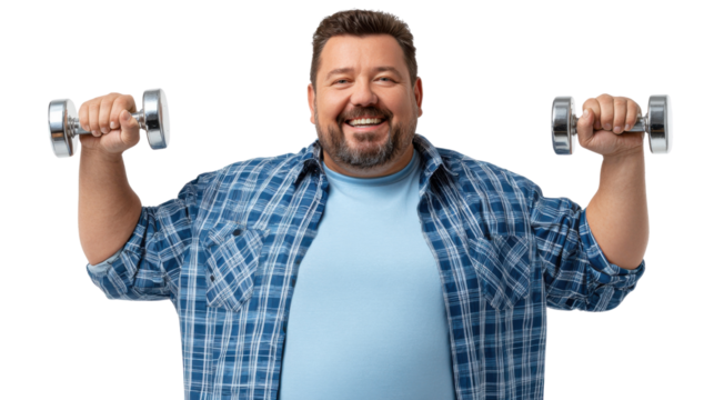 Strength and Smiles: A happy individual, radiating positivity, pumps iron, embodying the joy of health and fitness. A portrait of determination and well-being.