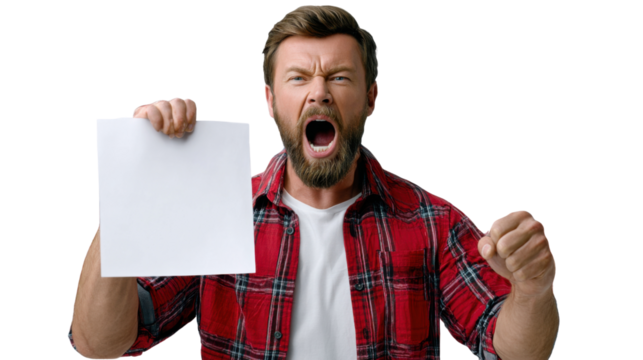 A Man's Screaming Protest: A man, in a red and black plaid shirt, raises a blank sheet of paper while screaming with angry expression, conveying frustration or disagreement. - Powered by Adobe