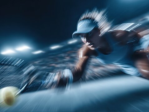 Female tennis player in motion, hitting the ball on stadium court at night