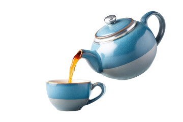 Teal-colored teapot pouring hot tea into a matching cup
