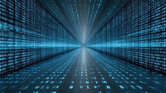 Digital Corridor: A stunning visual journey through the digital realm, with a mesmerizing tunnel of binary code illuminated in radiant blue.