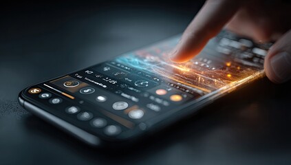 Futuristic smartphone interface, finger touch, dark background, data overlay