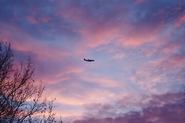 Stunning airplane soaring through vibrant pink and purple sunset clouds, symbolizing travel and freedom