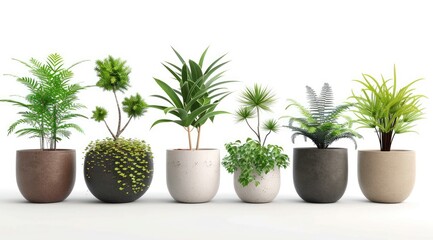 Obraz premium Set of various potted plants isolated on a white background. Different types of indoor greenhouse plants in pots with pastel colored ceramic planters in a flat lay front view.