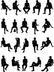 Silhouette people sitting, man and woman poses, human body outline, casual sitting position, black silhouette figures, isolated design elements, vector illustration