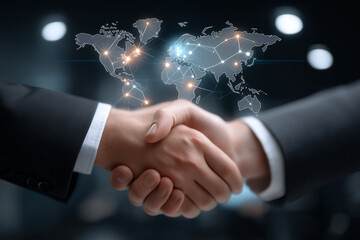 Two holographic hands vibrate over a digital world map, glowing network connections spreading across the continents.