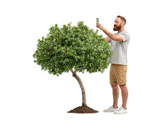 Capturing Nature's Beauty: A man photographs a young, vibrant tree with his smartphone, his full attention on the green, healthy leaves, showcasing a moment of appreciation for nature