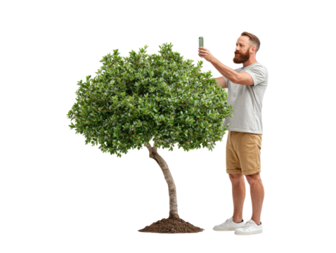 Capturing Nature's Beauty: A man photographs a young, vibrant tree with his smartphone, his full attention on the green, healthy leaves, showcasing a moment of appreciation for nature