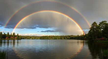 Naklejka premium A breathtaking double rainbow arcs over a tranquil lake surrounded by lush green trees and vibrant red flowers under a dramatic, stormy sky