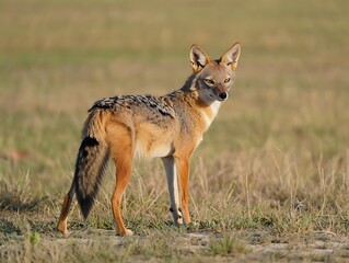 A solitary golden jackal stands alert in a dry grassy field its keen eyes scanning the horizon for prey