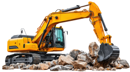 Excavator at work: A powerful excavator diligently maneuvers heavy boulders, showcasing the strength and precision of modern construction equipment.