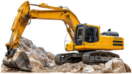 Heavy Machinery: Captivating shot of a robust excavator in action, against a stunning display of natural stone. the machine stands poised.