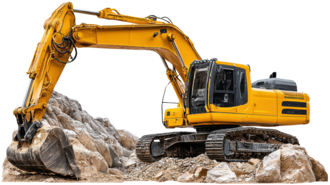 Heavy Machinery: Captivating shot of a robust excavator in action, against a stunning display of natural stone. the machine stands poised.