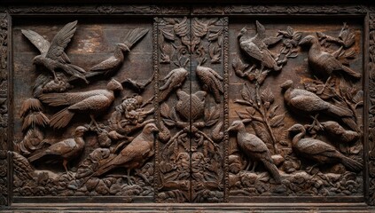 Intricate dark wood carving depicting various birds and floral motifs in high relief