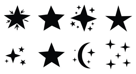 Fototapeta premium Collection of black star shapes and symbols on white background