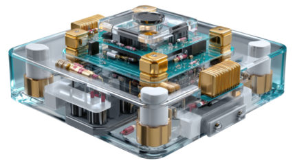 Precision Circuitry: An artfully composed display of intricate electronic components and circuit boards, symbolizing innovation and high-tech sophistication, a testament to the beauty of technology.