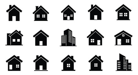 Collection of various house and building silhouettes in black on white background