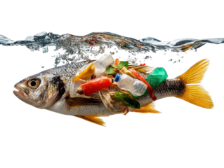 Ocean's Distress: A poignant visual narrative unveils a fish entangled in a sea of plastic waste. The image symbolizes the devastating effects of pollution on marine life.