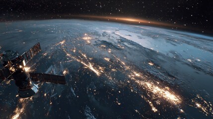 Earth from Above: A breathtaking, low-angle shot offers a stunning aerial view of Earth from the darkness of space. A satellite is visible, its solar panels capturing energy.