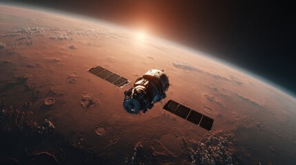 Spacecraft Above the Red Planet: A spacecraft soars above the ruddy expanse of Mars, its solar panels extended to capture the solar energy, bathed in the fiery glow of the setting sun.