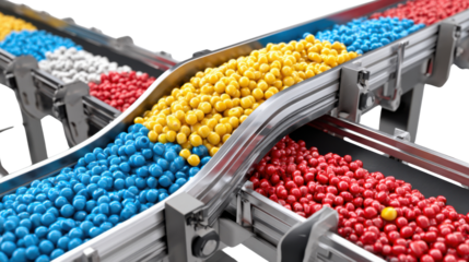 Colorful candies on the conveyer: A vibrant array of candies moves along a sophisticated production line, showcasing precision engineering and the colorful lifecycle of treats.