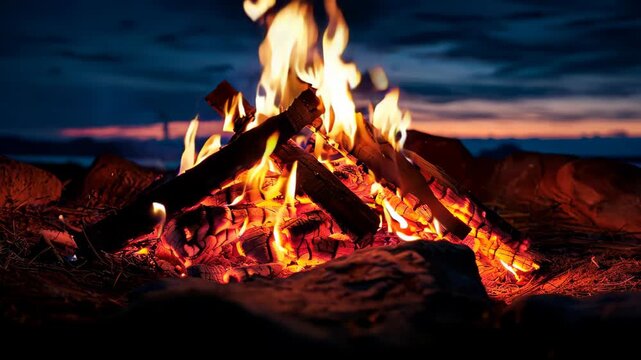 A vibrant campfire scene that captures the warmth and glow of flickering flames on a dark night, inviting moments of relaxation and camaraderie outdoors.