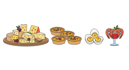 Illustration of varied food items like cheese platter, quiches, eggs and a cocktail