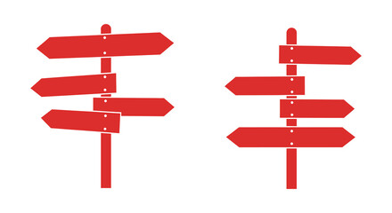 Red directional signs on white background for navigation and direction