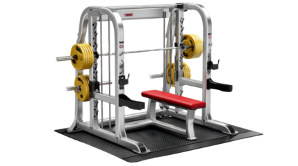 Gym Equipment with weights: A comprehensive fitness machine with a bench, barbell, and weight plates.