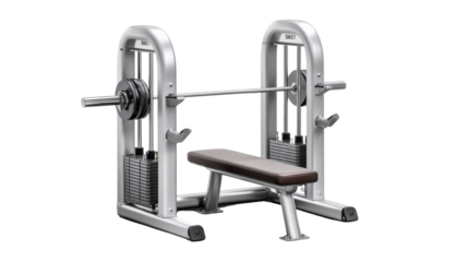 Smith Machine: A sturdy and modern Smith machine with weight plates and a bench. Designed for targeted strength training, enhancing any fitness regimen.