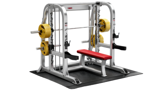 Gym Equipment with weights: A comprehensive fitness machine with a bench, barbell, and weight plates.