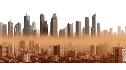 Obraz premium Cityscape Amidst the Sands: A dramatic cityscape stands resilient, with skyscrapers partially obscured by a swirling sandstorm, evoking a sense of mystery and environmental challenge. 