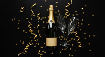 Fototapeta premium Elegant Celebration Champagne Bottle with Glasses and Golden Confetti Still Life
