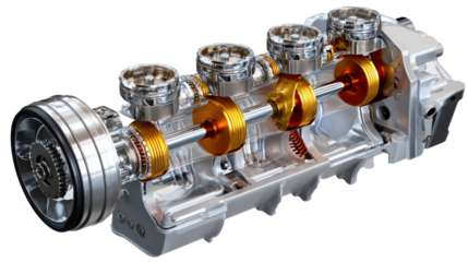 Automotive Engine Cutaway: A detailed, photorealistic illustration showcasing the inner workings of a modern engine, with gears and pistons revealed