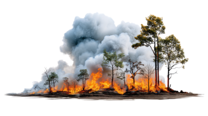 Inferno of the Forests: An intense wildfire rages through a forest, flames engulfing the trees and billowing smoke rising into the sky, creating a dramatic scene of nature's destructive power.