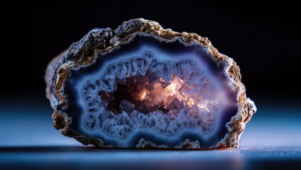 Polished agate geode with quartz crystals inside, showcasing intricate banding and color variations against a dark background