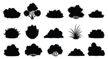 Collection of various black silhouettes of bushes and plants on white background